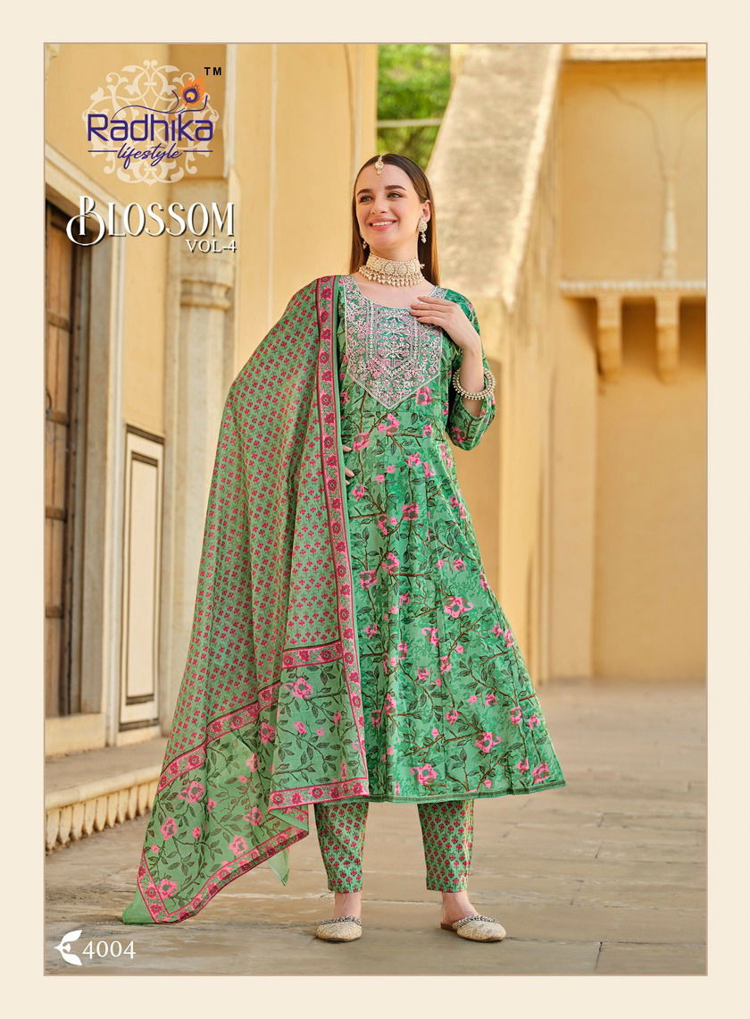 Blossom Vol 4 By Radhika Cotton Printed Long Kurti With Bottom Dupatta Wholesale Shop In Surat
